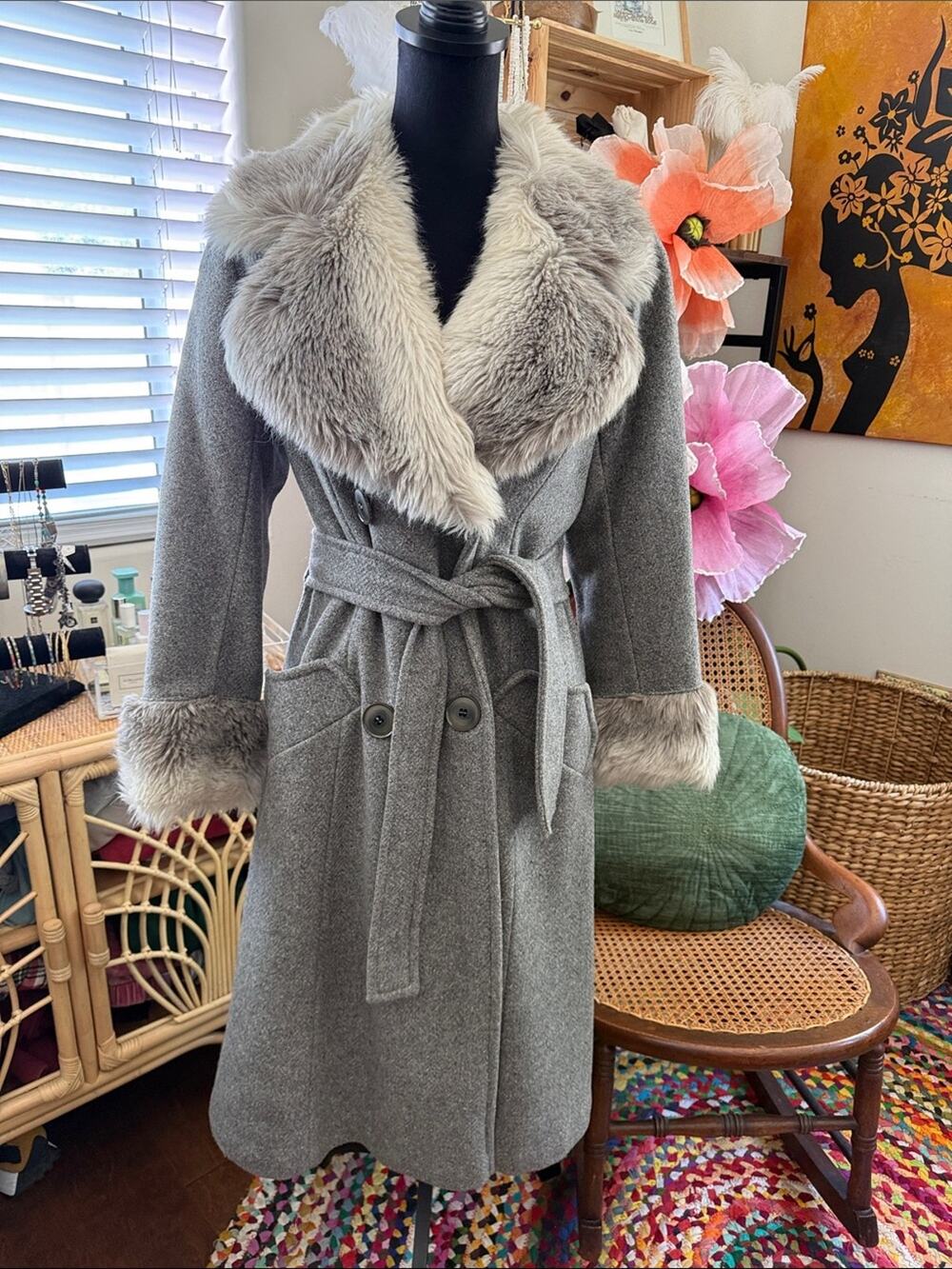 Vintage 70s/80s Gray Union Made Faux Fur Unbranded Boho Hippie Penny Lane Coat